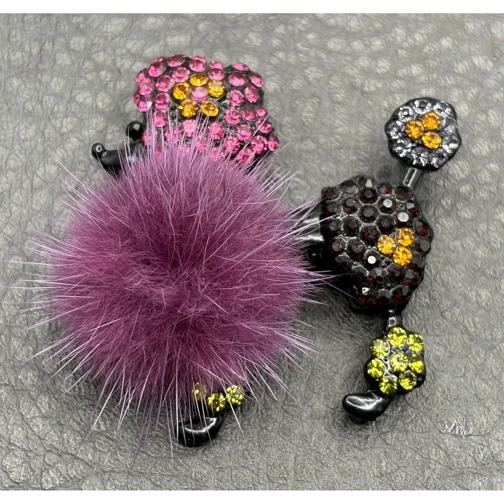 Rhinestone Poodle Dog Pom Pom Brooch Pin Pink Yellow Black Japanned Metal